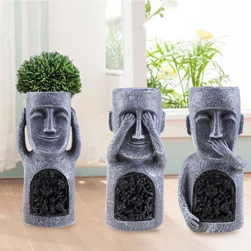

No See/Hear/Speak Evil Garden Easter Island Statue Flower Pot with LED Light
