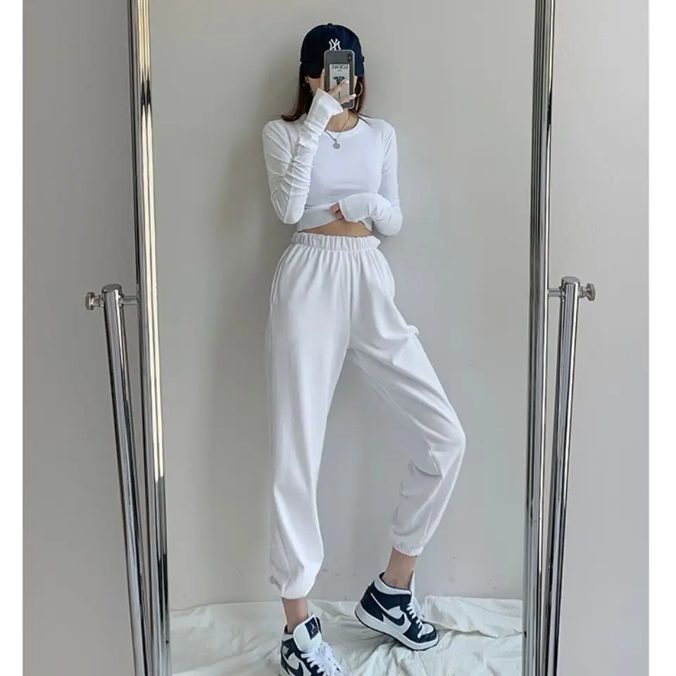 

2020European and American style sexy tight round neck double layer with cuffs super long sleeve short open navel versatile T-shi