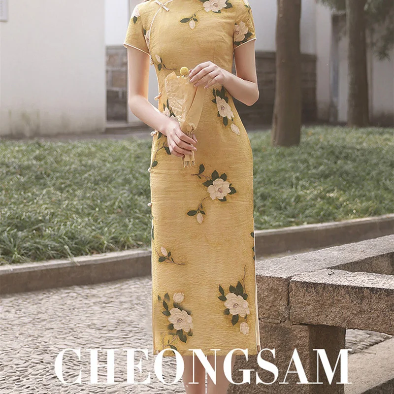 Китайское современное платье Ципао желтое элегантное молодежное шифоновое с