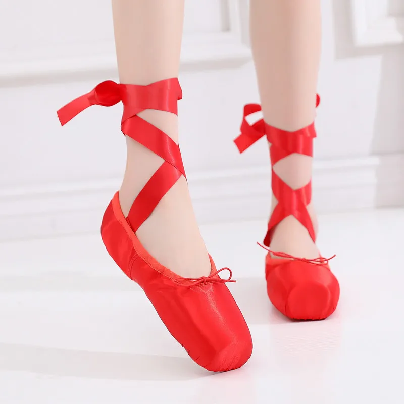 Профессиональные балетки с лентами цвет розовый черный красный атласные