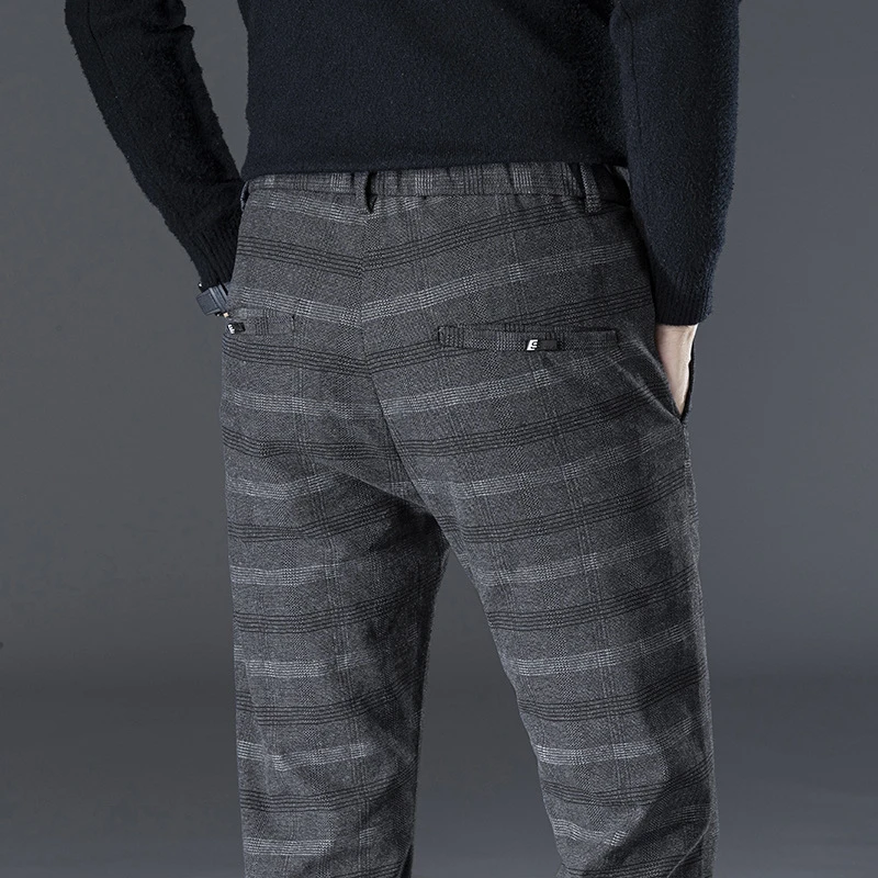 

2020 Autumn Winter Casual Pants Men Elastic Plaid Long Trousers Male Cotton Gray Black Work Pant Men's Clothing