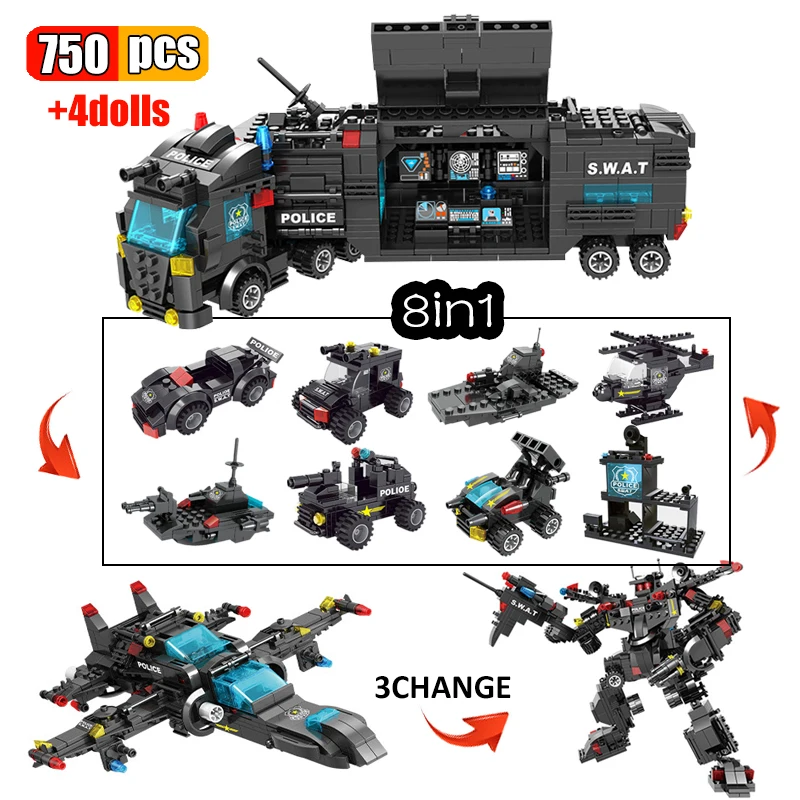 

750Pcs City Police SWAT Truck Building Blocks Machine Robot Airplane Command Vehicle Figures Bricks Educational Toy For Children