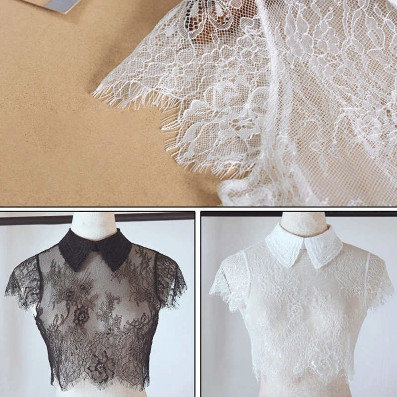 

2021 Women Eyelash Trimmed Floral Lace False Collar Cap Sleeves Sheer Lapel Detachable Half Shirt Blouse Solid Color Crop Top