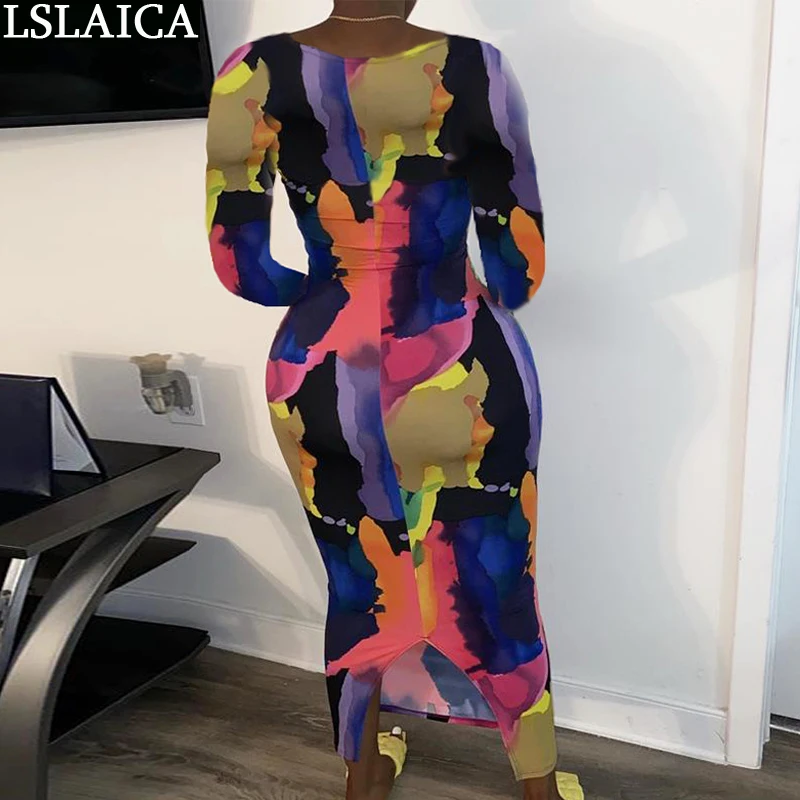 

Maxi Dresses for Women Plus Size Patchwork Long Sleeve O Neck Long Dress Fashion Split Bodycon Dress Print Autumn Vrouw Jurk