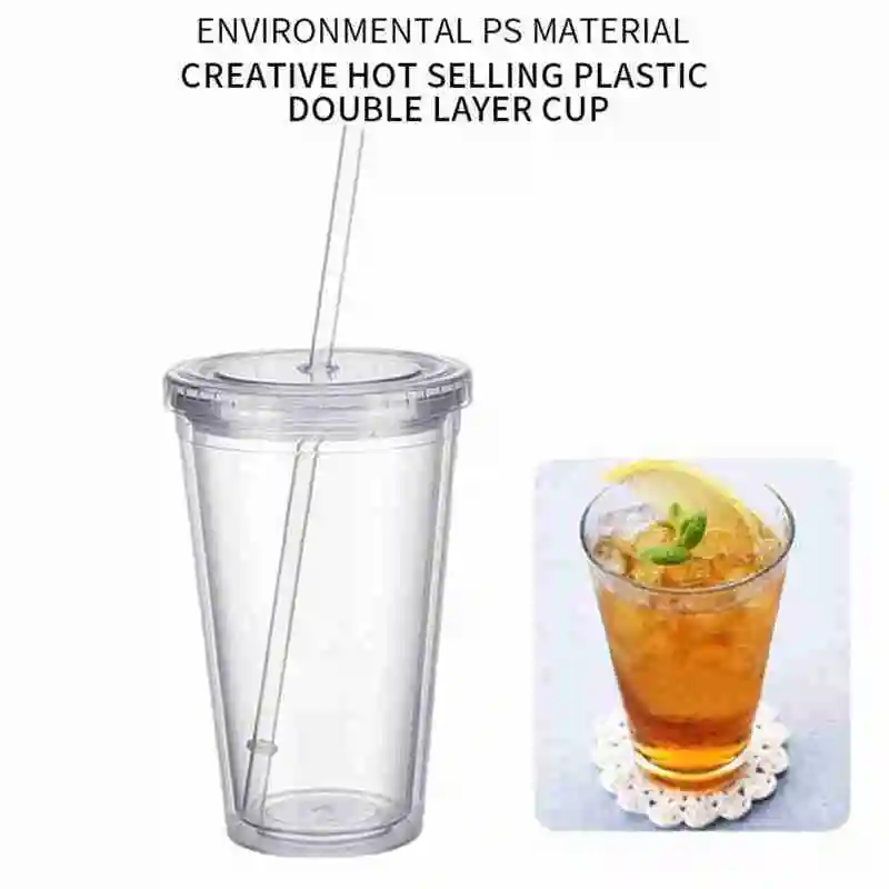 500 мл двухслойная пластиковая чашка с соломинкой гладкая кружка двойными