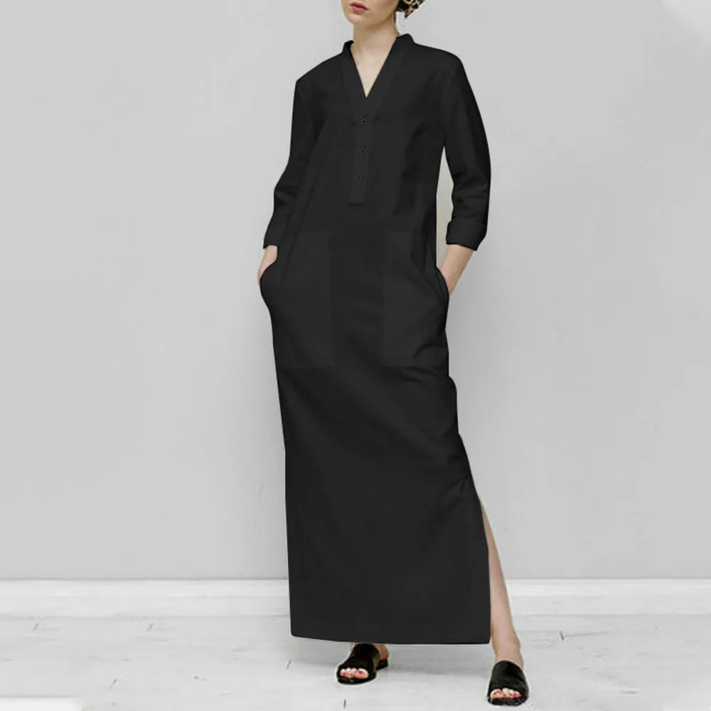 

Spring And Autumn New Retro Cotton Hemp National Style Women's Long Dress V-Neck Long Sleeve A-Line Black White Pullover Dress