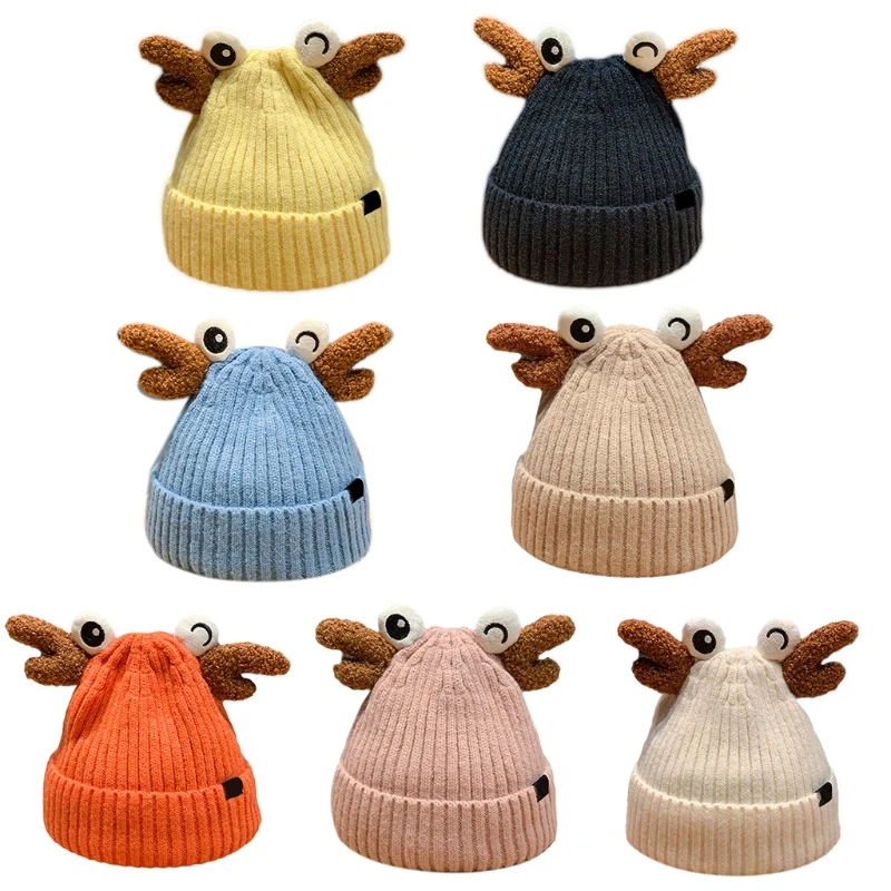 

Funny Big Eyes Deer Horns Knitted Hat Warm Ear Protection Beanie Warm Personality Autumn Winter Male Female G5AE