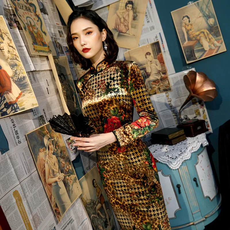 Sheng Coco Gold золото бархат Cheongsam Плюс размер платья длинный рукав вечернее Ципао золочение Cheongsam Qipao улучшить женское платье
