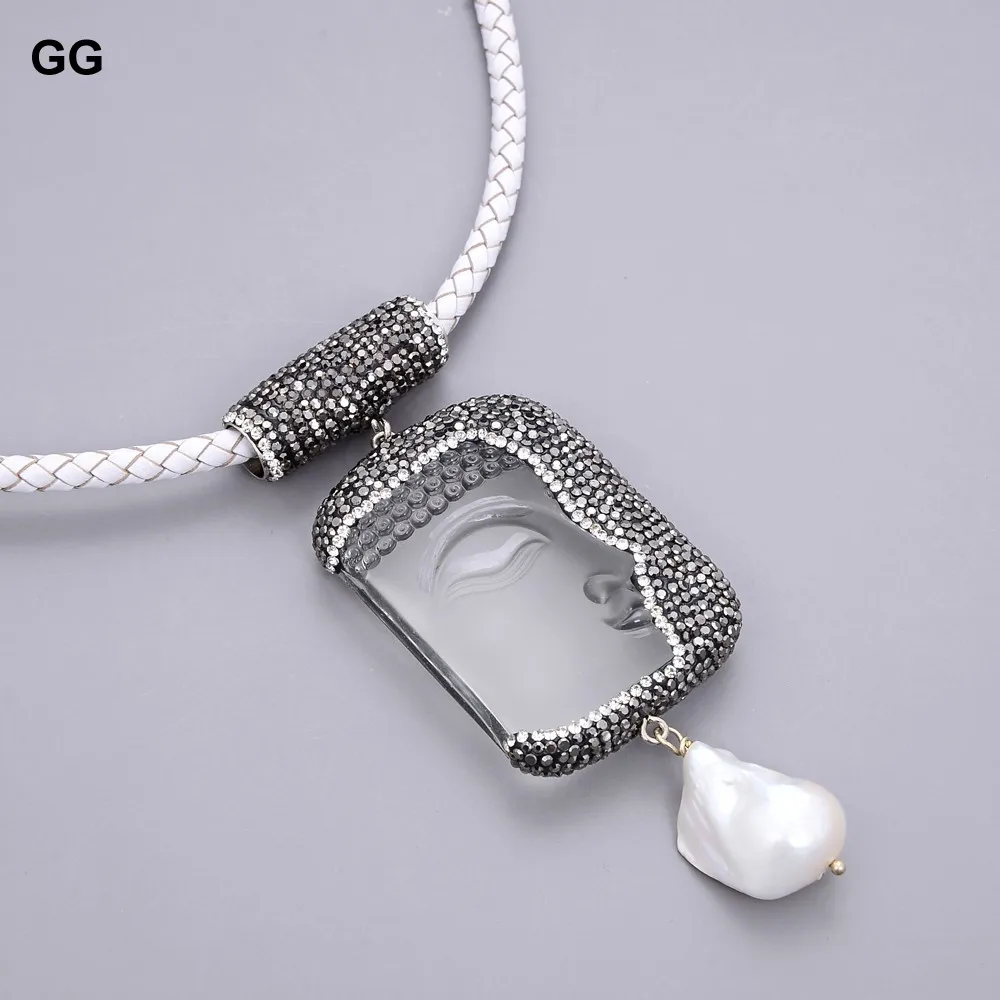 Ожерелье из белой кожи с жемчужинами и кристаллами|crystal buddha pendant|buddha pendantcrystal |