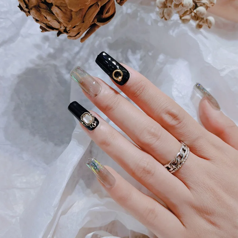 

24pcs Black Nail Patch Square Head Glue Type Removable Long Paragraph Fashion Manicure Save Time False Nail Patch NE