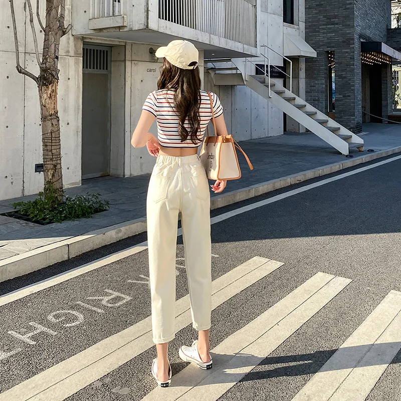 

TongSiHai Jeans Women High Waist Straight Harem Pants Ladies Girls Students Loose Cotton Denim Ankle-length Trousers