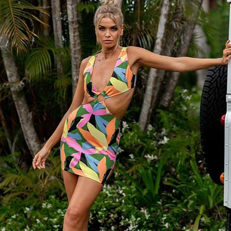 

2021ins Women's Summer New Print Multicolor Stitching Hollow Out Sexy Backless Dress