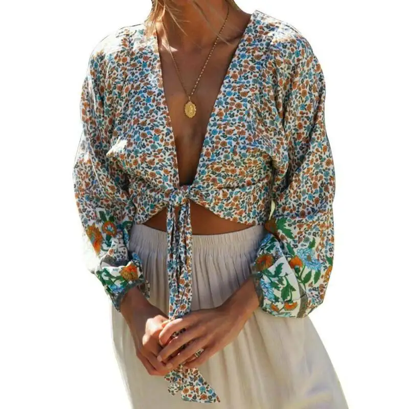 

Женский бандажный кардиган с цветочным принтом и длинным рукавом