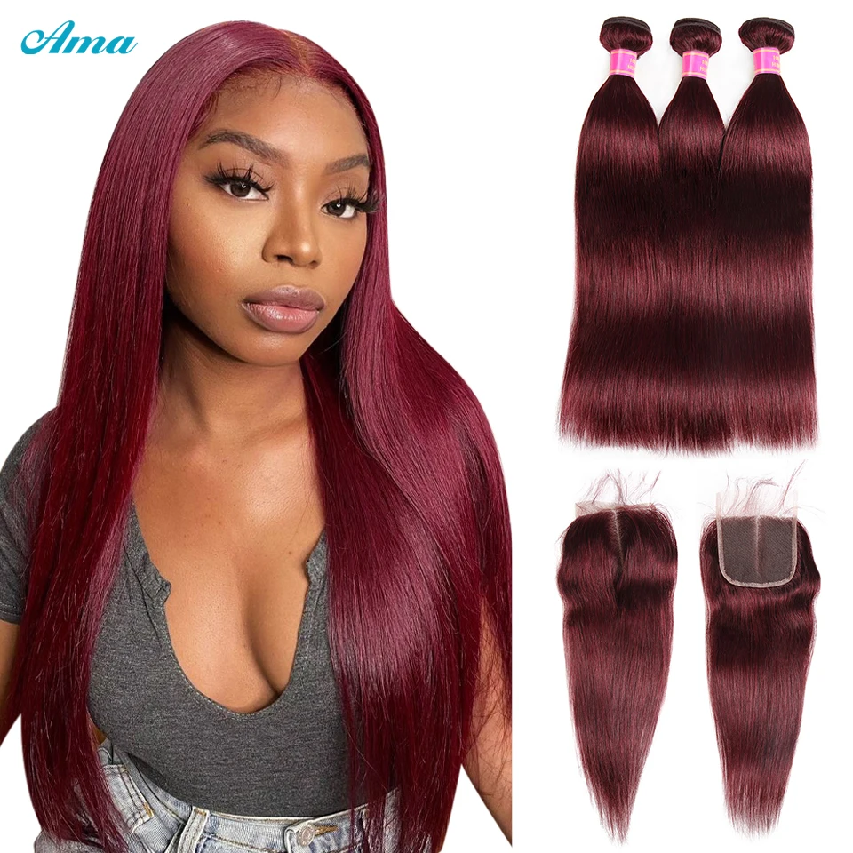 Ama Transparent Lace Closure With Bundles 30Inch Brazilian Straight Human Hair Bundles With Closure 99J Burgundy Wine Red Remy
