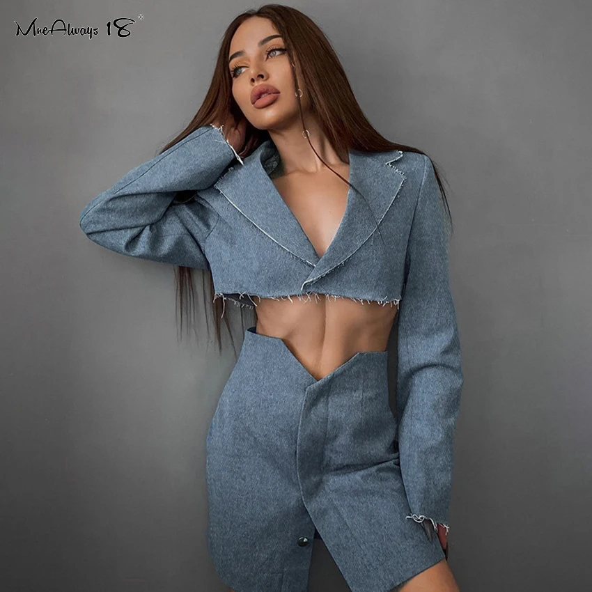 

Mnealways18 Vintage Denim 2 Piece Set Women Mini Skirt Suit With Crop Top Jacket Sexy High Street Two Piece Short Sets Female