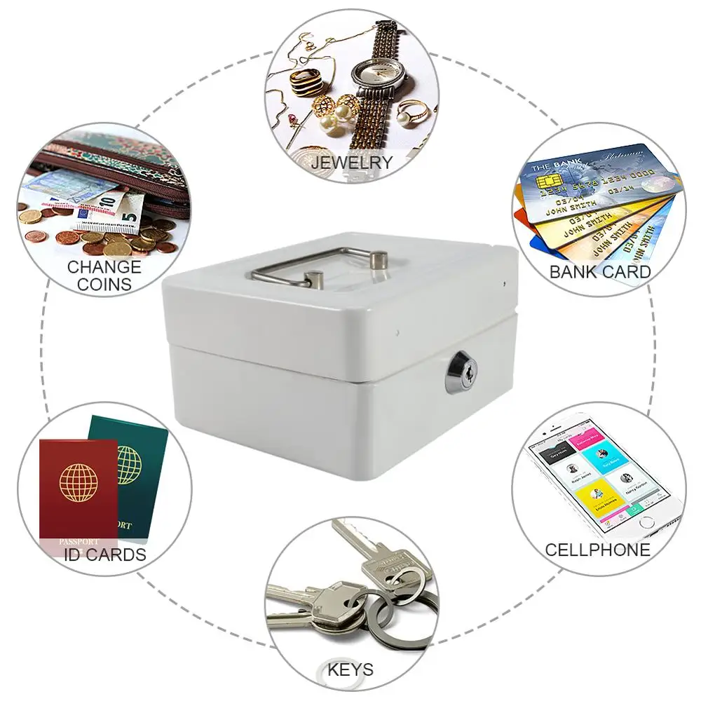 

White Mini Portable Steel Petty Lockable Cash Money Coin Safe Security Box Household