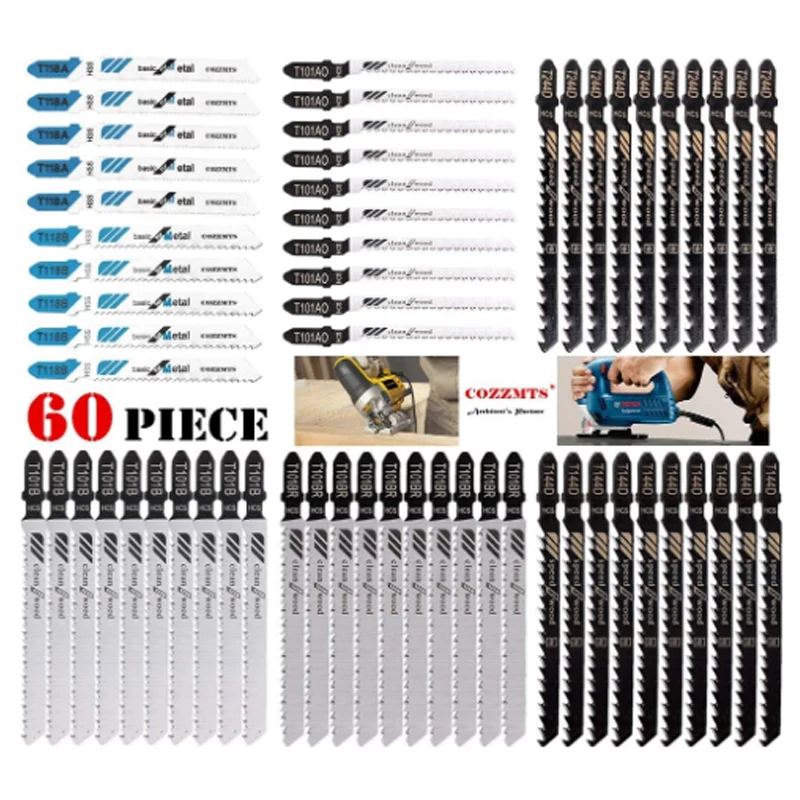 60PCS Jig Saw Blades Set with Storage Blister Case Assorted T-Shank Fast-Cutting Jig saw Blades for Wood Plastic Metal Cutting