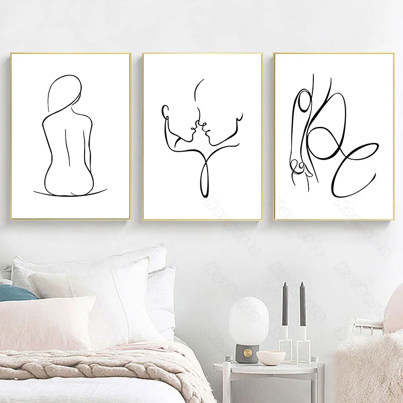 

Hand-Painted Stick Figure Canvas Painting Hd Print and Poster White Background Woman Profile with Simple Lines Home Rooms Decor