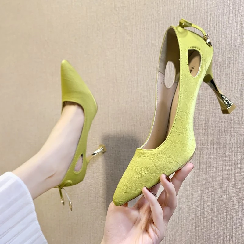 

Women Fashion Yellow High Quality Pu Leather Stiletto Heels for Office Lady Party Sexy Heel Shoes Zapatos Dama F6043