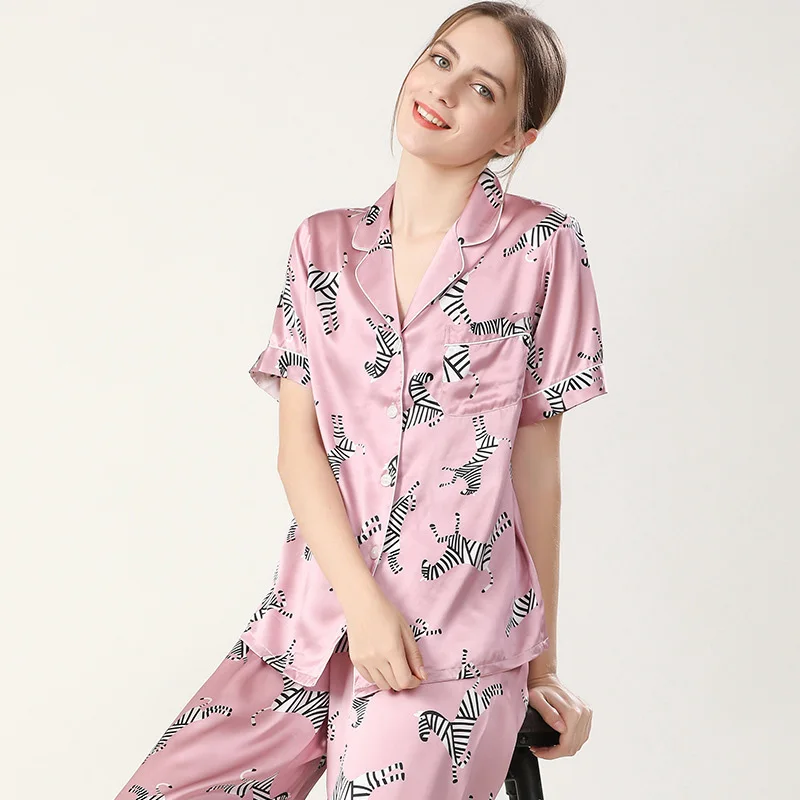 

Spring and summer silk pajamas for women two-piece 100% mulbery silk short-sleeved zebra printed silk homewear