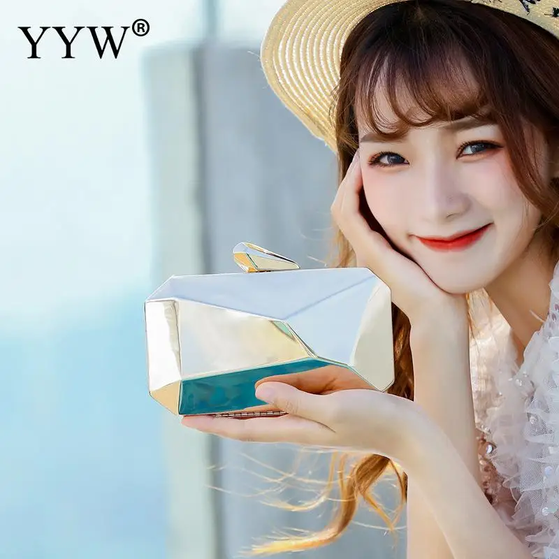 

Womens Alloy Metal Abstract Stone Cut Hardcase Fashion Clutch Chain Handbag Women Clutches Geometic Evening Metal Clutch Purse