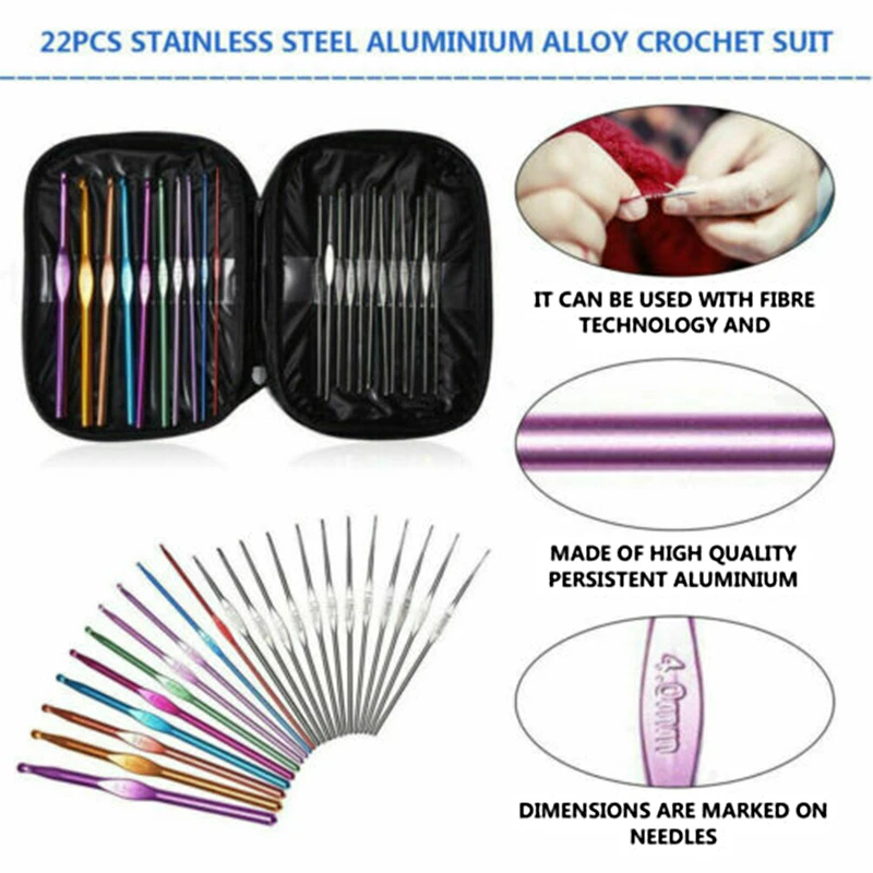 

22 PCS MULTI COLOURED ALUMINIUM CROCHET HOOKS KNITTING NEEDLES SET 0.6MM-6.5MM