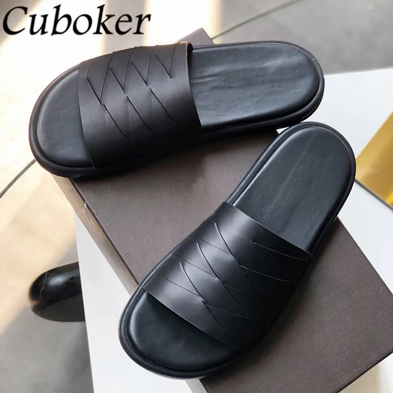 

Genuine Leather Carved Slippers Men Flats Slip On Peep Toe Platform Shoes For Men Casual Beach Slides Designer Shoes Summer 2022