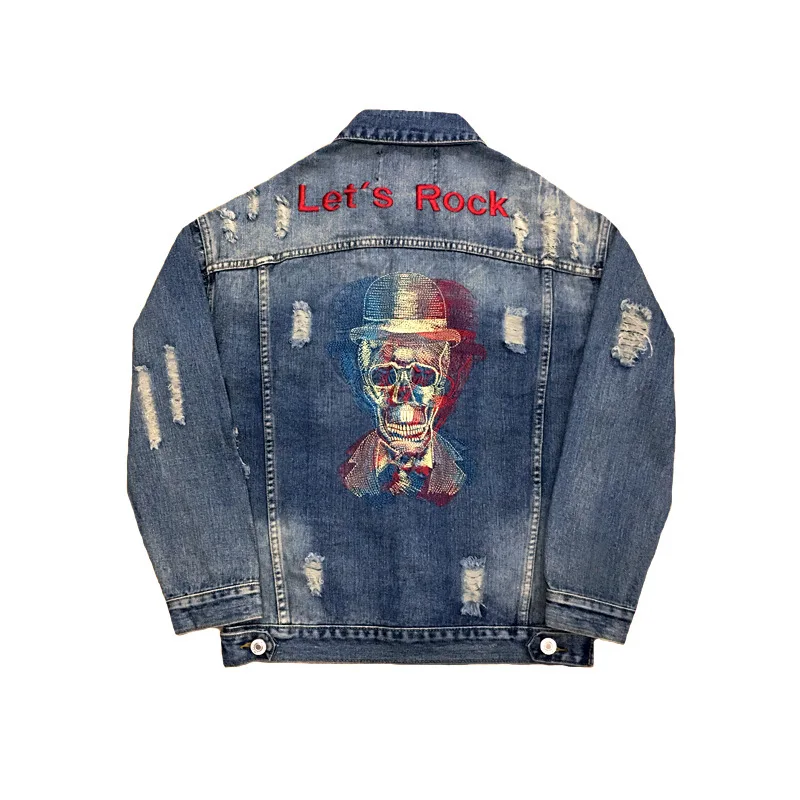 Autumn 2021 Fashion new Japanese retro brand hip-hop street ripped hole jacket casual skull embroidery Korean denim clothing men | Мужская