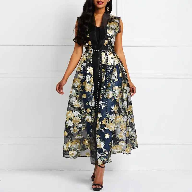 Женское винтажное платье с цветочным принтом черное без рукавов Длинный жилет