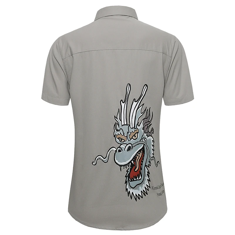 

Loldeal Short Sleeve Shirt Men Slim Dragon Print Comfortable and Casual