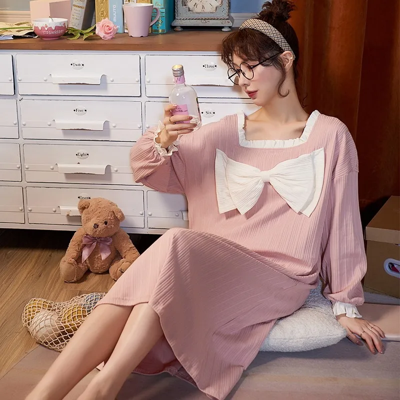 

Autumn Women Cotton Homedress Nightdress Long sleeve Nightgowns One-piece Dress Sleepwear Large Size Loose Fashion Home Clothing
