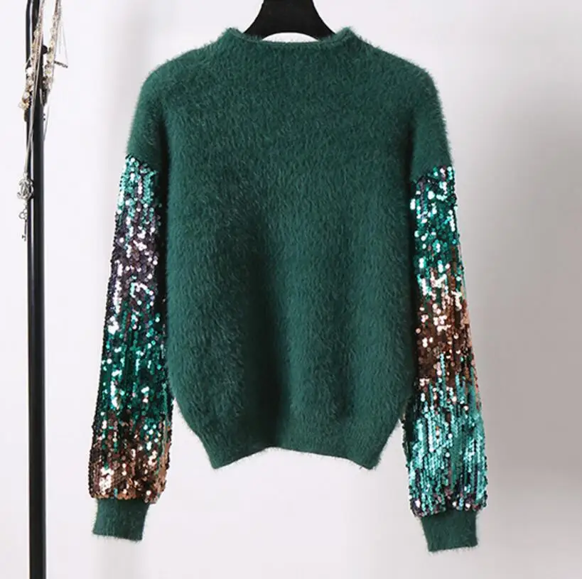 2021 Womens Long Sleeve Mohair Sweater Rabbit Hair Glitter Patchwork Thick Knitting Autumn Winter Warm Pullover Black | Женская одежда