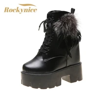 women platform ankle boots 2022 winter warm fur short motorcycle boots woman 12cm high heel shoes thick sole wedges short boots