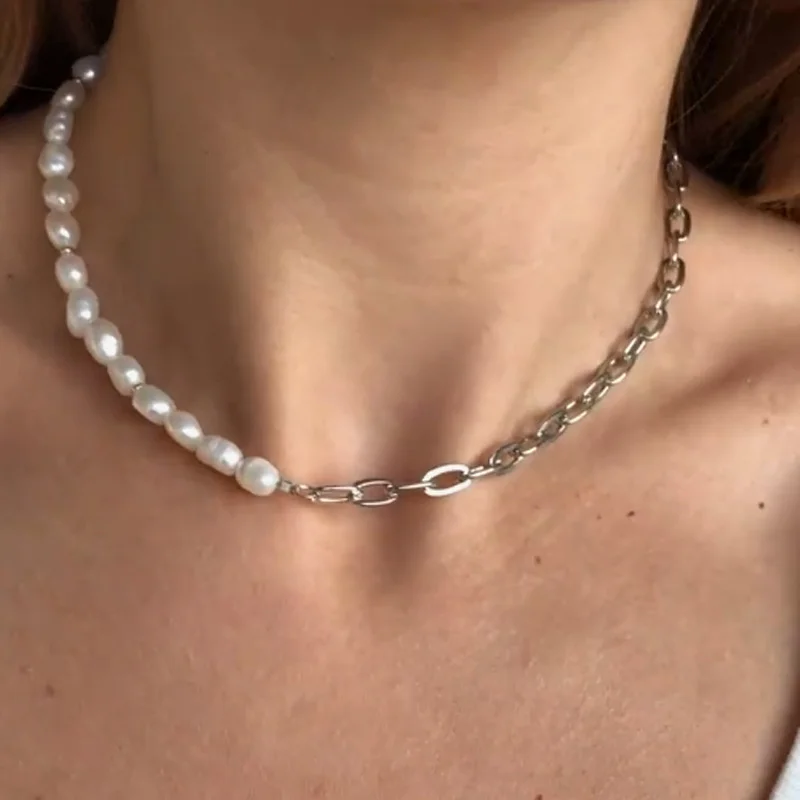 

Vintage Pearl Stitching Chain Necklace Women Jewelry New