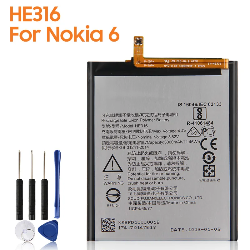 yelping HE316 Phone Battery For Nokia 6 Nokia6 TA-1000 TA-1003 3000mAh