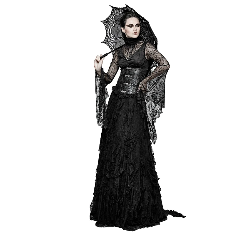 Женская футболка в готическом стиле Черная кружевная Регулируемая с длинными