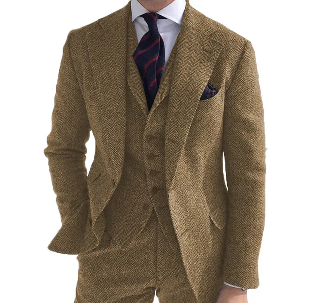 Men‘s Suits 3 Pieces Green Wool Tweed Herringbone Business Retro Classic PatternTuxedos For Wedding Blazer Pants Vest | Мужская одежда