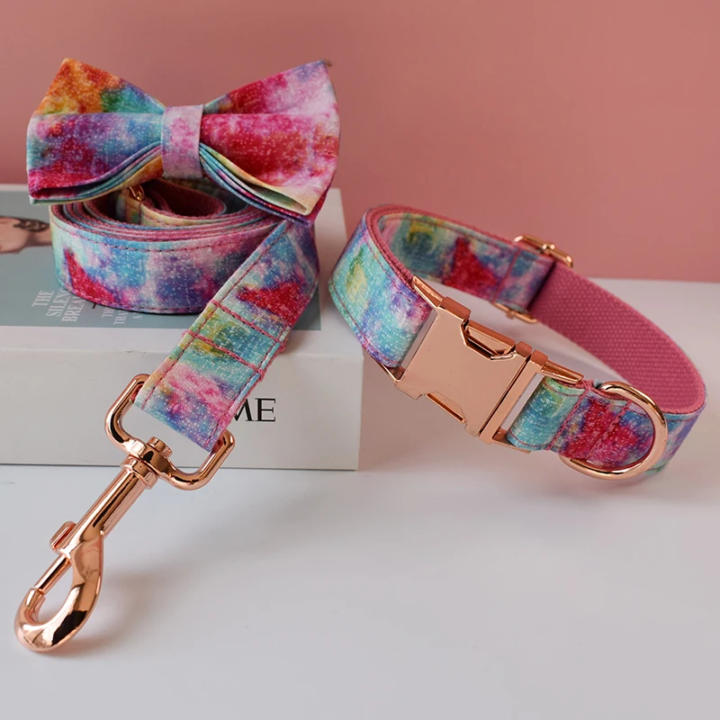 

Pet Dog Cat Rainbow printing Collar Leash Set With Bling Bow Pet Puppy Neck Strap For French Bulldog Dogs Powdery bottom 01