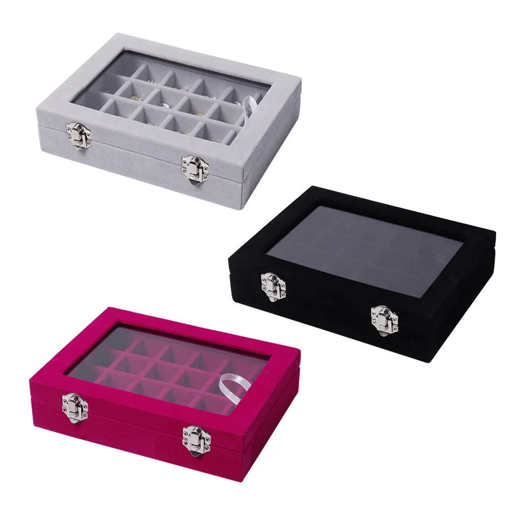 

Jewelry Box Earring Storage Jewelry Organizer Diamond Box Velvet 24 Grid Jewelry Tray with Lid Transparent for DIY Craft Gray