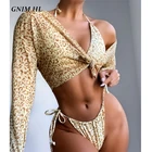 Женский леопардовый купальник-бикини GNIM, купальник из трех предметов, пляжная одежда, сетчатая накидка, купальный костюм, лето 2021