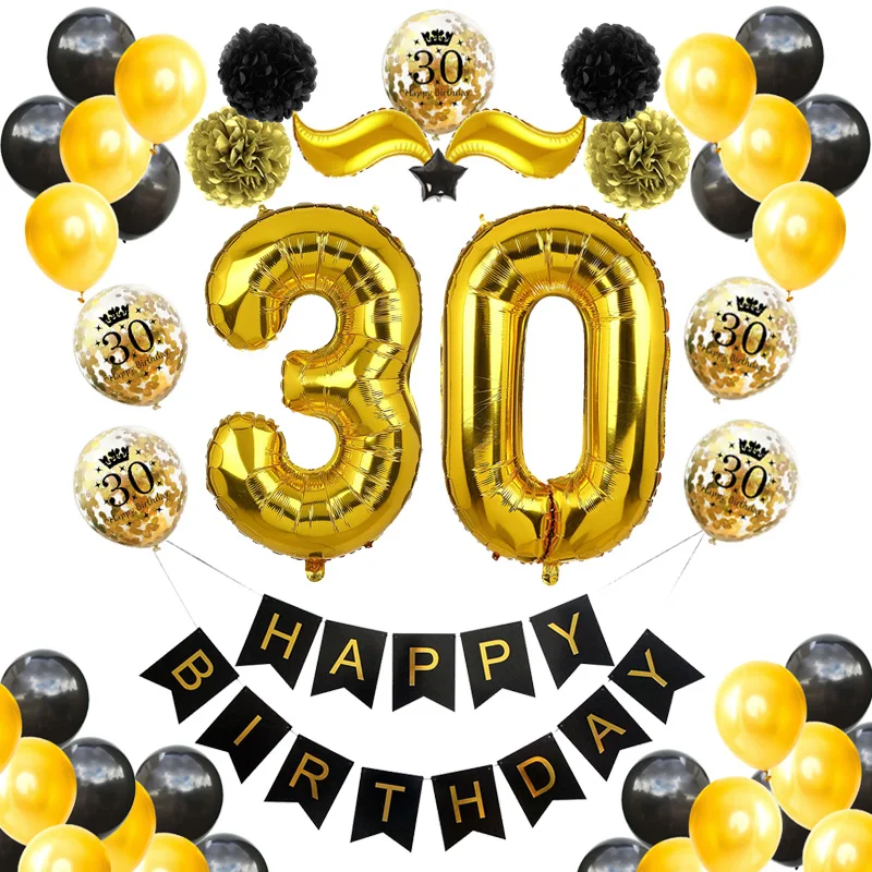 1 Набор С Днем Рождения для взрослых 20th 50th 40th 30th 60th Year Decoration черный золотой баннер
