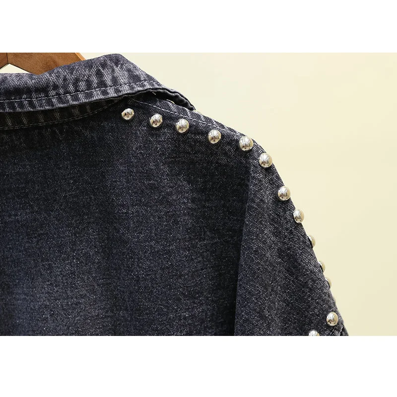 

Denim Jackets Women's Coat 2020 Autumn Beading Jeans Jacket Loose Casual Overcot Denim Coats Female Vintage Black Jacket P603