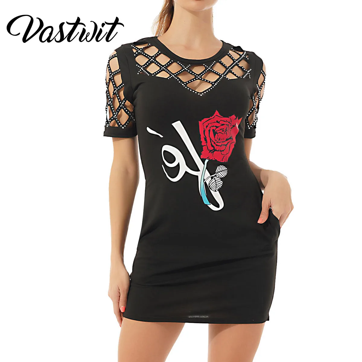 

Sexy Hollow Out Women Casual Dress Elegant Rose Print Loose Dress Party Fashion Short Sleeve Pocket Mini Dress Plus Size