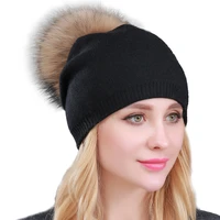winter thick double layer cashmere beanie hat big real raccoon fur diy pom poms hats winter slouchy cute beanie cap for women