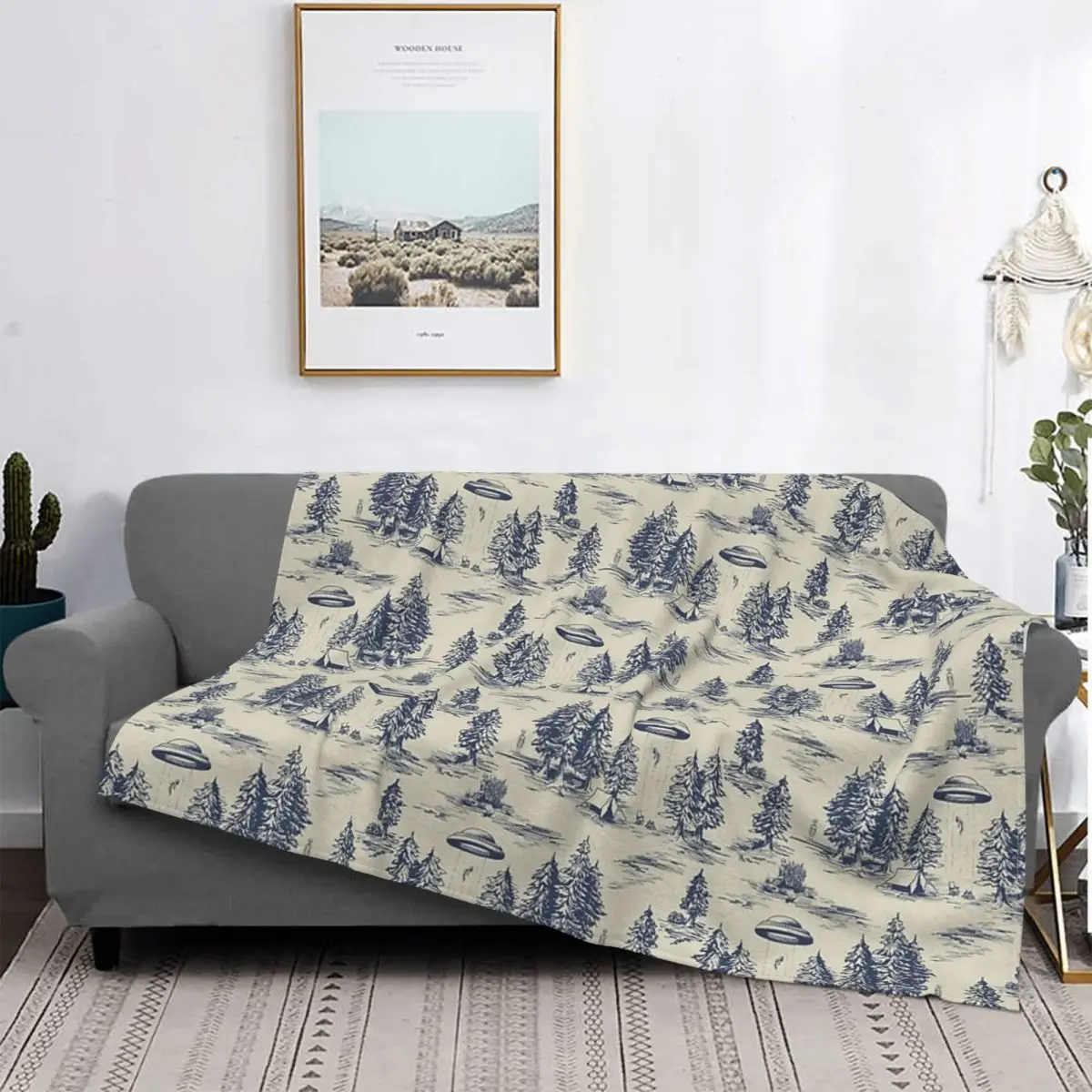 

Alien Abduction Toile De Jouy Pattern In Blue Throw Blanket Cotton Blanket Anime Rug Love Blankets Canape 150X190