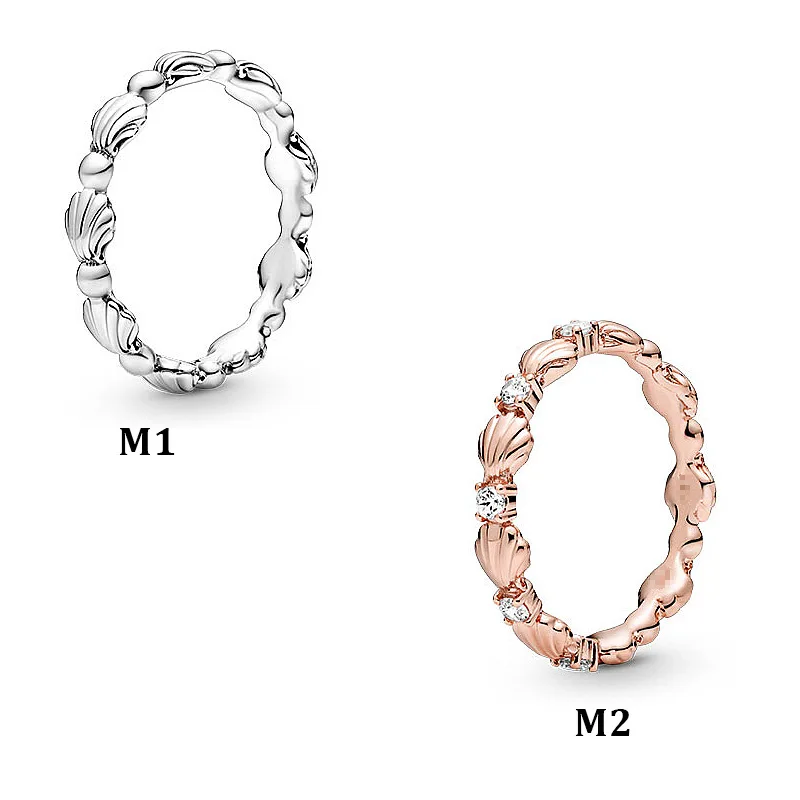 

925 Sterling Silver Rose Sparkling Beaded Seashell Shell Band Ring For Women Wedding Party Gift pandora Jewelry