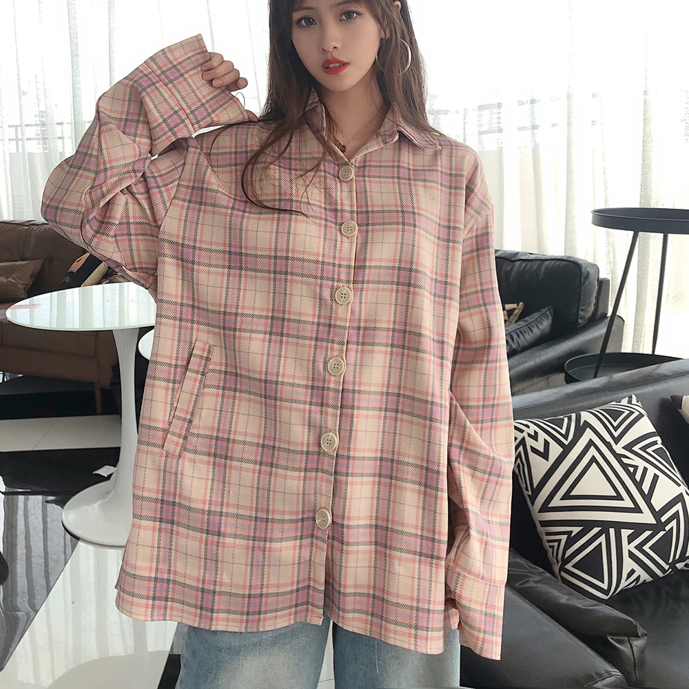 Осень 2019 корейский стиль свободный большой размер клетчатая блузка женская