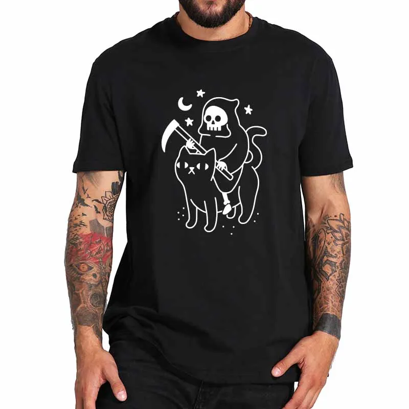 

Death Rides A Black Cat Classic T Shirt Soft Breathable Summer 100% Cotton Tops Tee Quote Funny T-Shirt