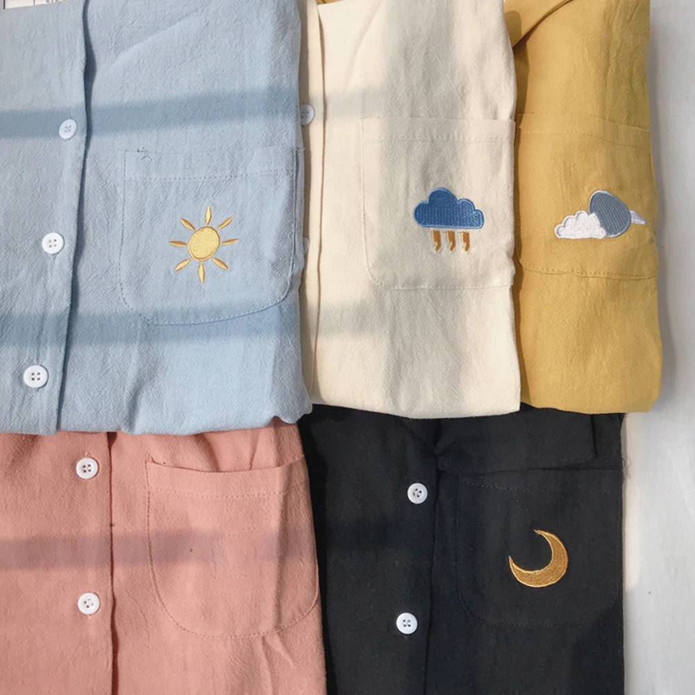 

2020 Women Solid Color Short Sleeve Weather Sign Embroidered Cotton Shirt Women's clothing