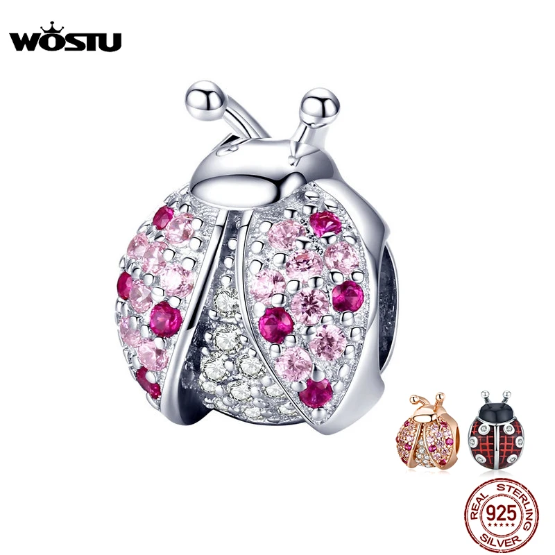 

Женский браслет WOSTU, из 100% стерлингового серебра 925 пробы, с розовыми бусинами в виде божьей коровки, подходит к оригинальному браслету, подв...